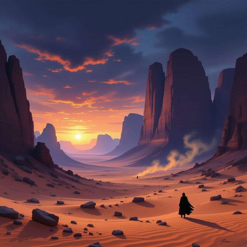 Surreal Desert Landscape Under Twilight Sky
