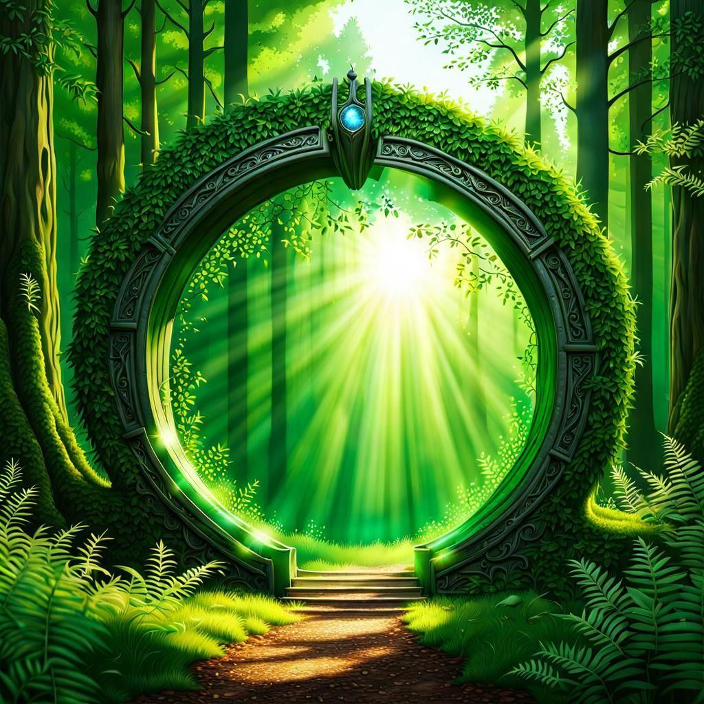 Magical Portal in Sunlit Forest: Hyperrealistic Detail
