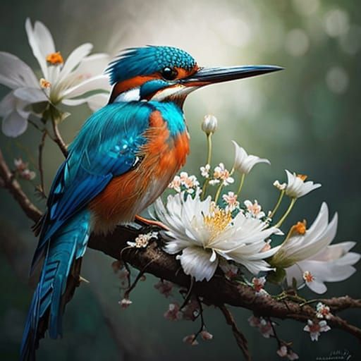 Enchanted King Fisher in Vibrant Floral Realm