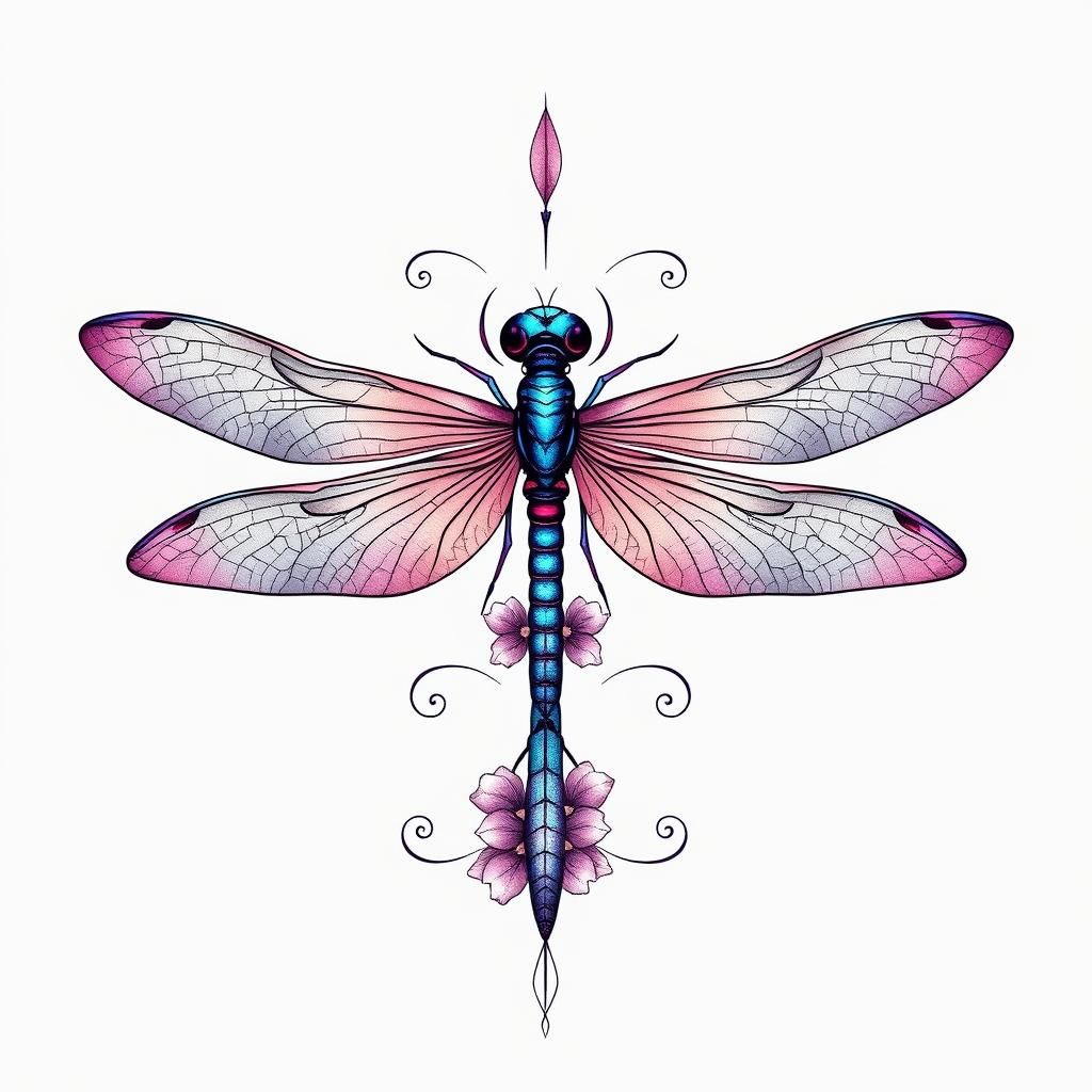 Dragonfly tattoo design, blue, pink, purple, symmetrical, fl...