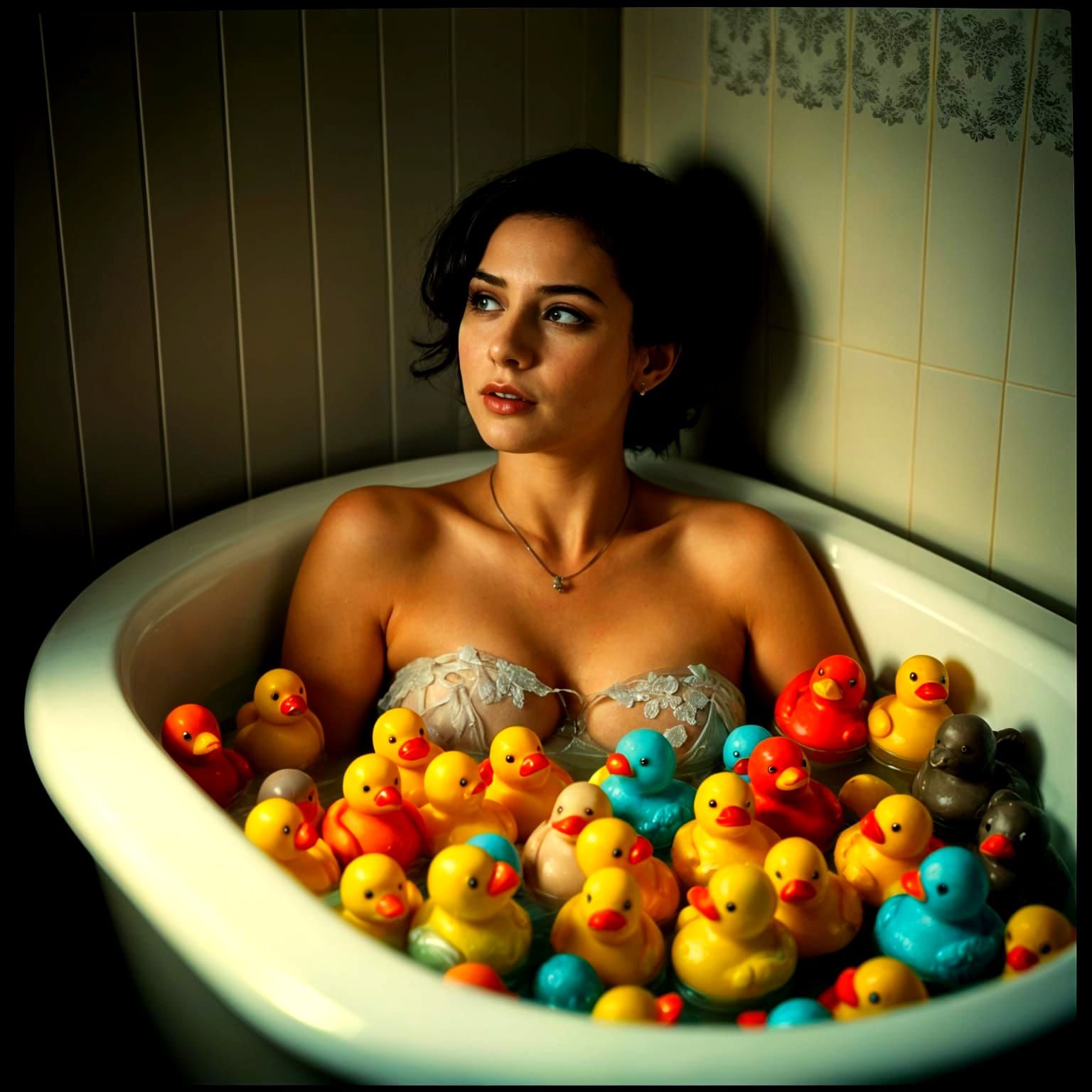 Vintage Glamour Bath Scene with Rubber Ducks