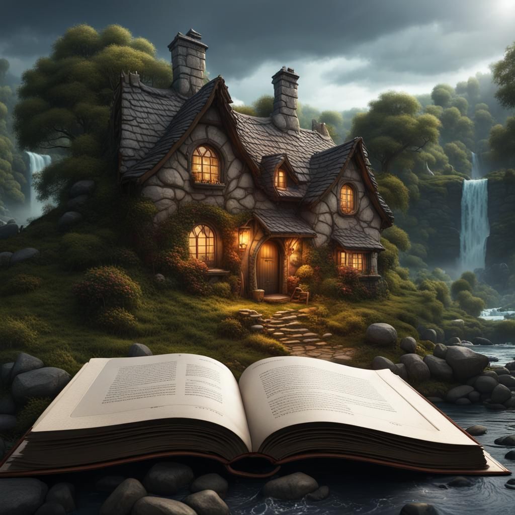 Fantasy Cottage Emerges from Book, Matte Painting