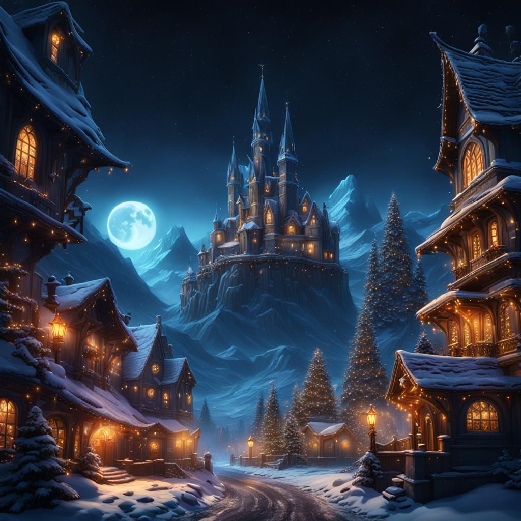 Detailed Christmas Night Matte Painting in Deep Color