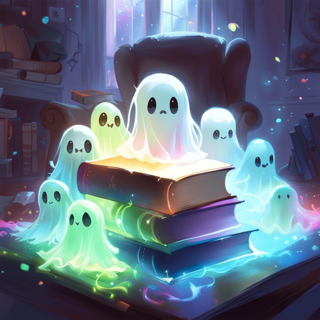 Chibi Ghosts Play with Glowing Books, Digital Art