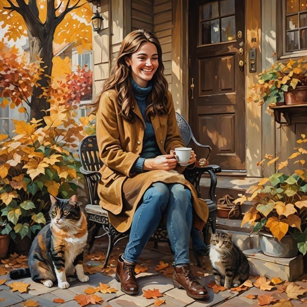 Smiling Woman and Cat Enjoy Autumn Coffee
