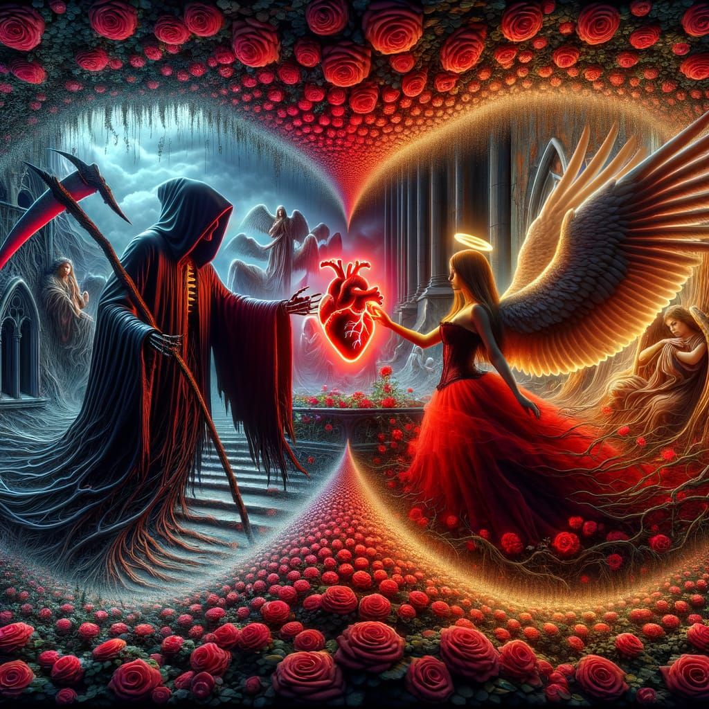 Dreamlike Encounter of Reaper and Angel in a Dark Fantasy Re...