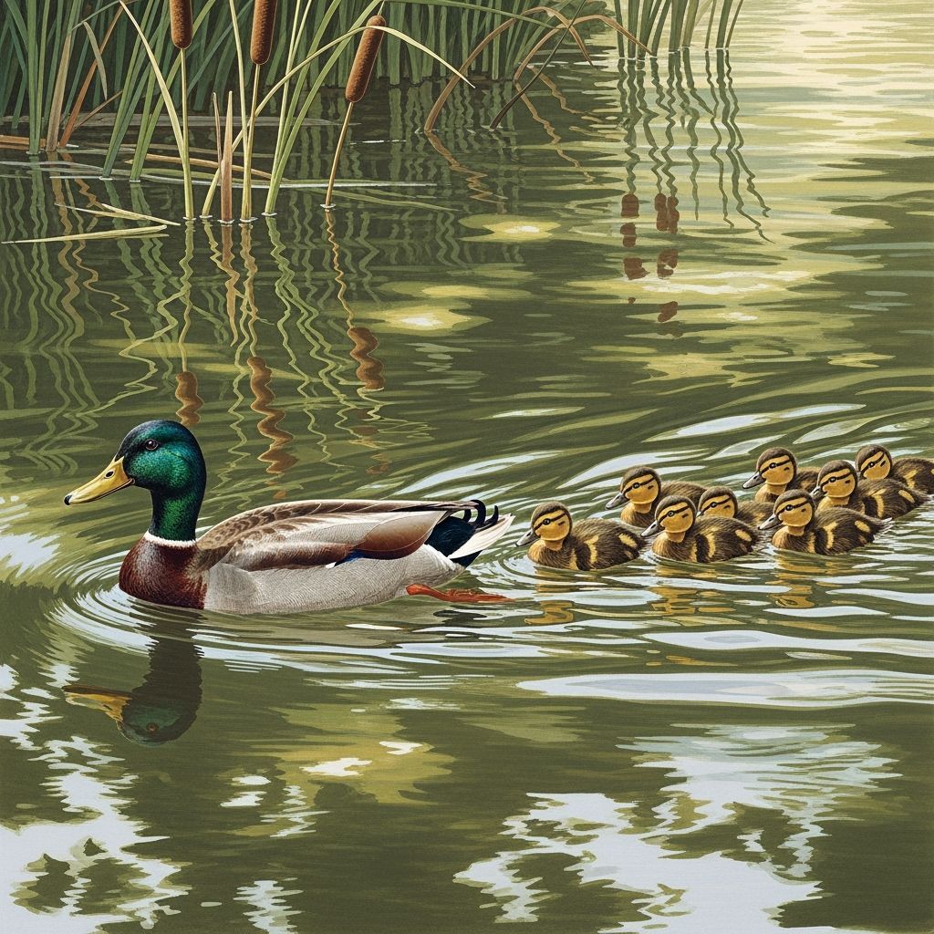 Mother Duck and Ducklings in Pond