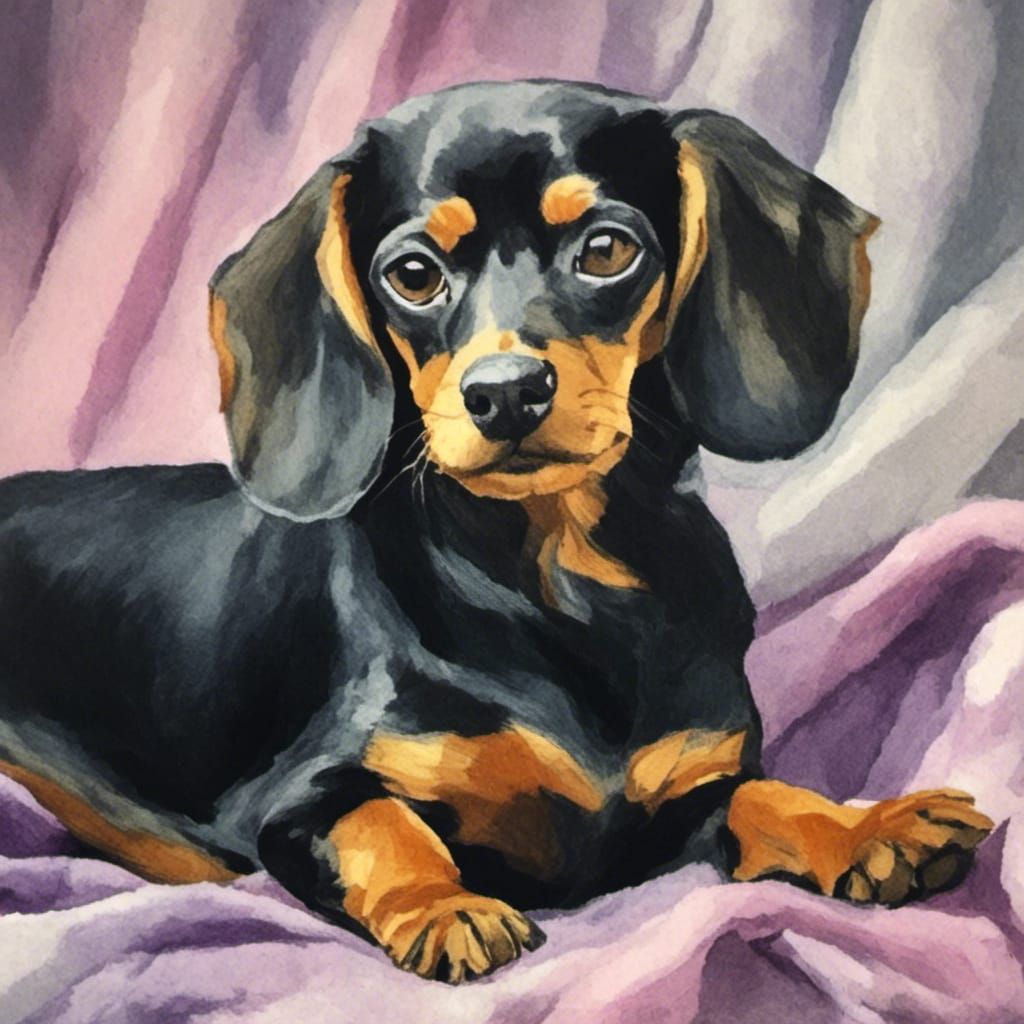 Dachshund on Cozy Blanket in Traditional Art Style