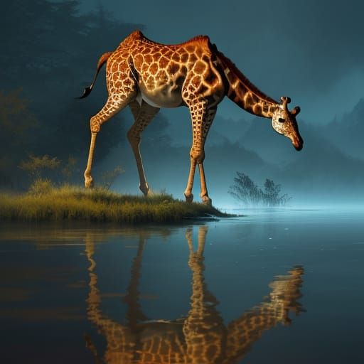Vibrant Giraffe Reflection in Water - Cinematic Digital Art