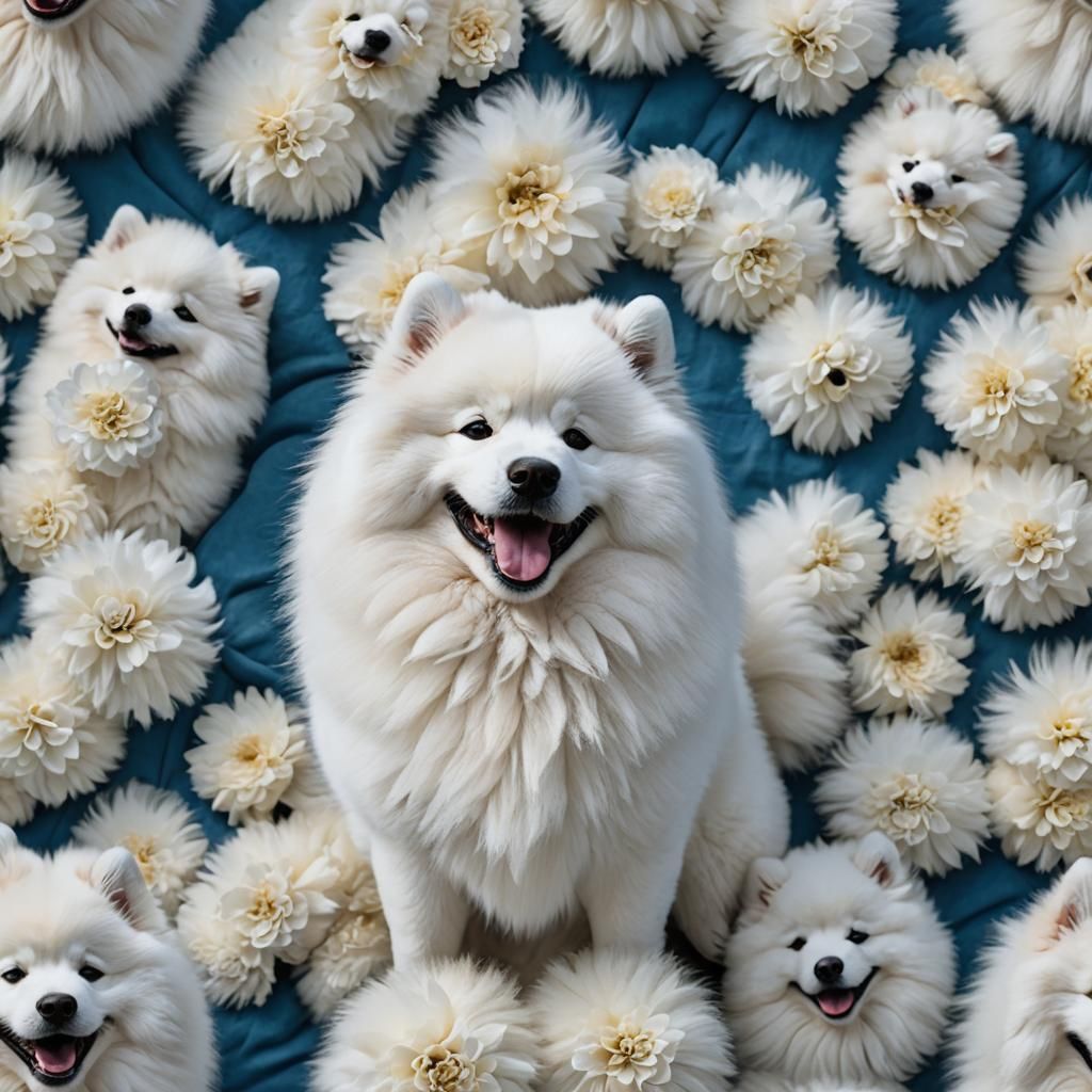 Smiling Samoyed Dog on Blue Backdrop