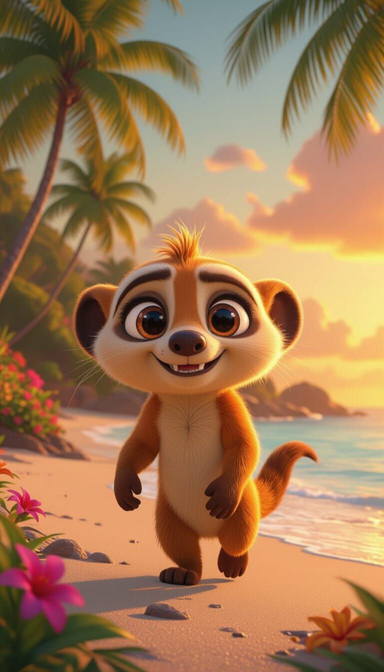 Baby Pumbaa Meerkat on a Tropical Beach in 3D Cartoon Style