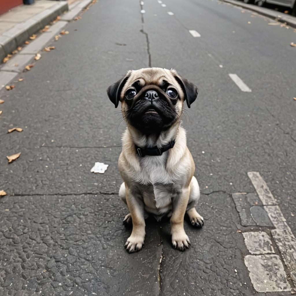 Adorable Pug Puppy Begging in the Street