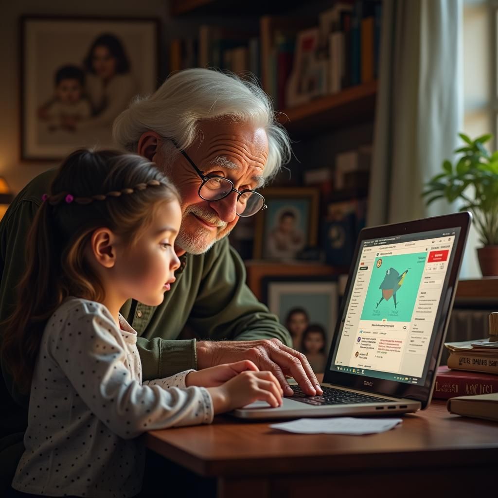 Heartwarming Scene: Uncle and Girl Explore Digital World