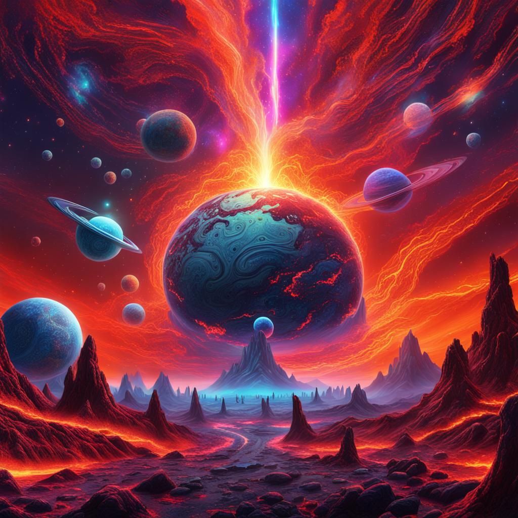 Lava Planet with Aliens: Holographic Cosmic Illustration