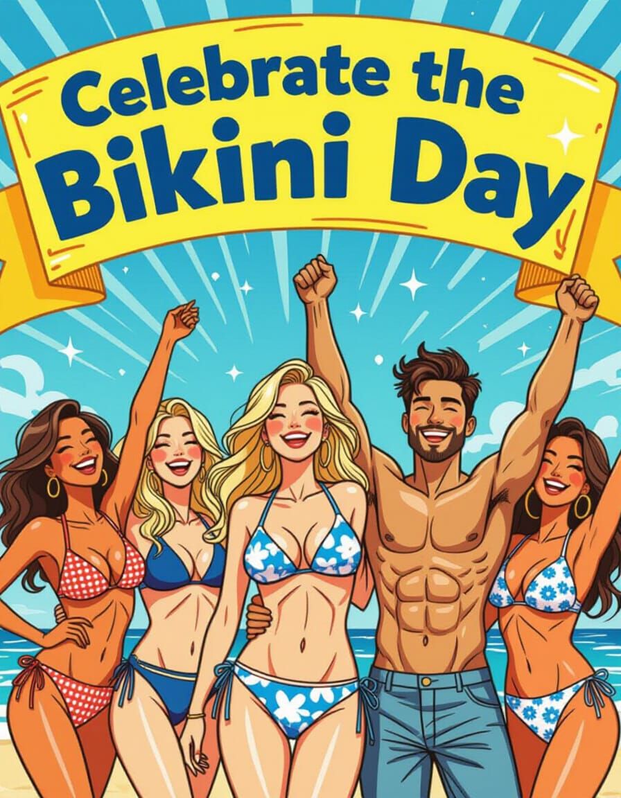 Bikini Day Celebration Poster with Dancing Figures
