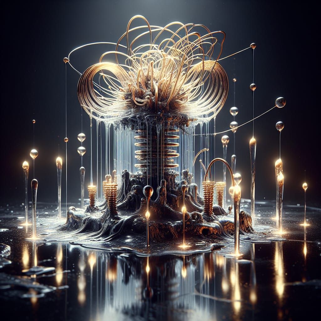 Molten Metal Coil Sculpture in Liquid Glass, Raked Light