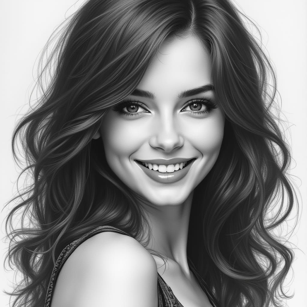 Detailed Charcoal Drawing of Smiling Woman