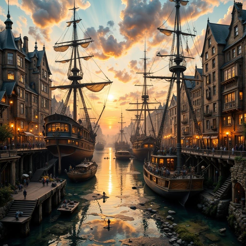 Ancient Harbor District at Sunrise in Ultra-Realistic Style