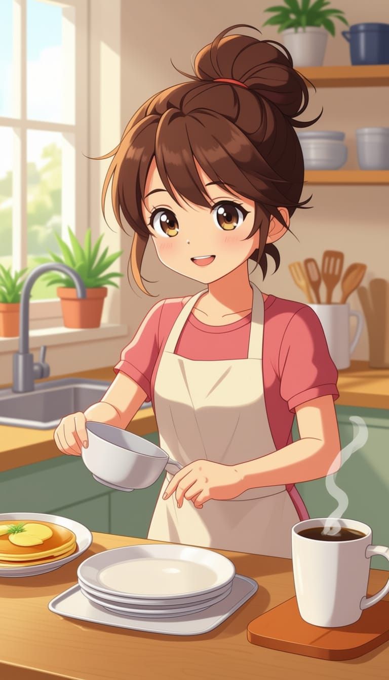 Anime Girl Joyfully Cooking Breakfast in Sunlit Kitchen