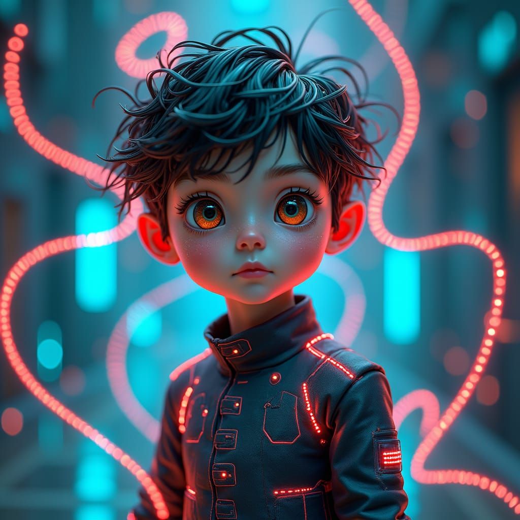 Child Embraced by Digital Realm in Art Deco Style