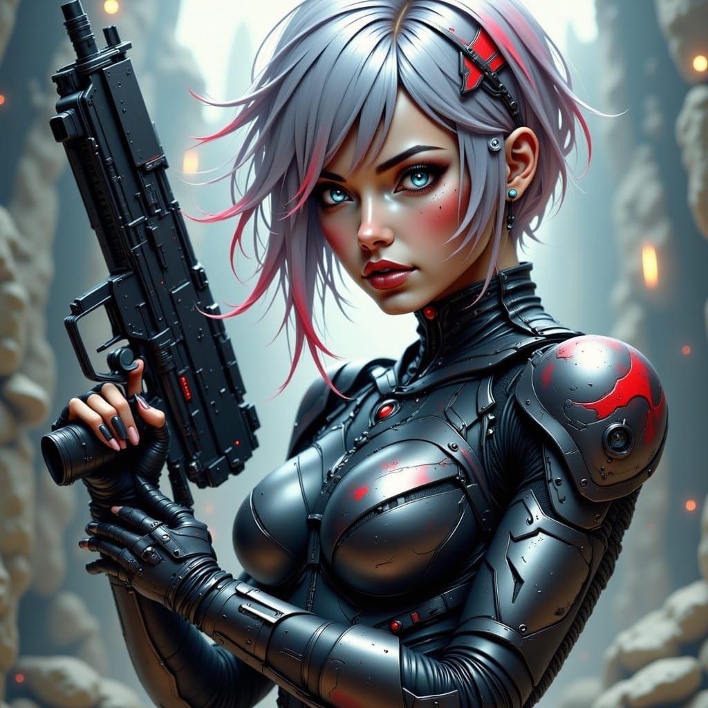 Dystopian Anime Warrior in Armored Exosuit