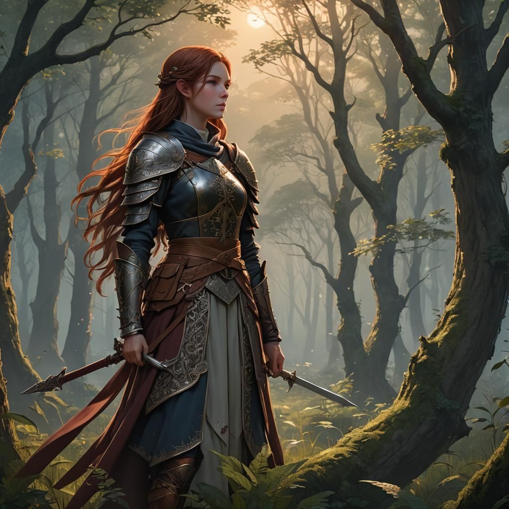 Medieval Warrior Woman in Mystical Forest: Anime Art