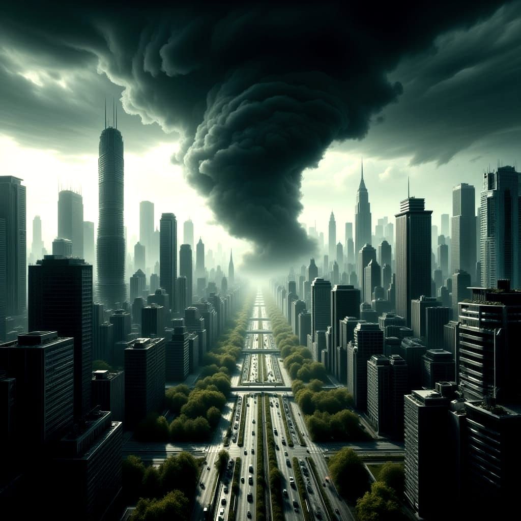 Dramatic Tornado Swirls Above Futuristic Cityscape