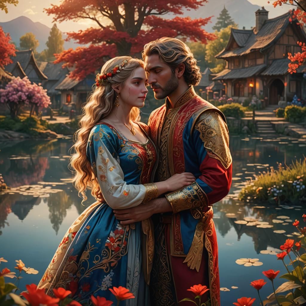 Fantasy Village Couple Beside Serene Lake