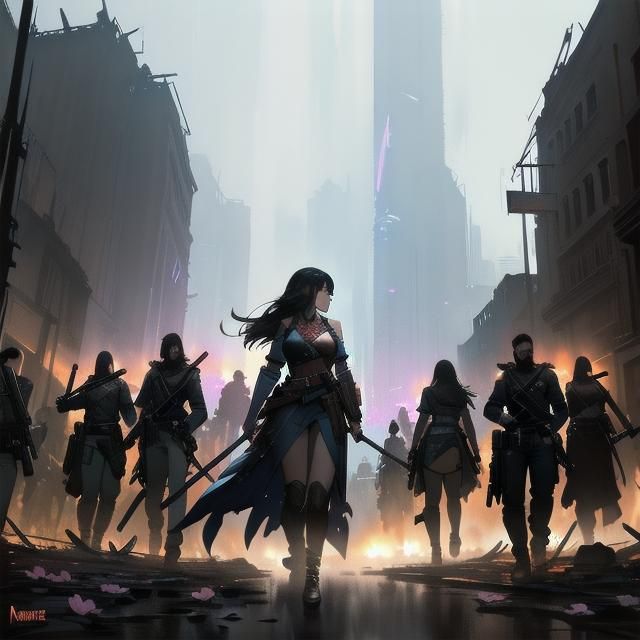 Rebel Woman in Ruined Town: Fantasycore Watercolour