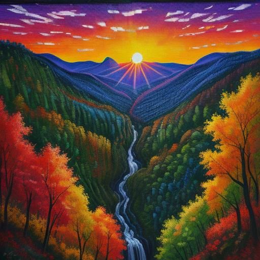 Autumn Forest Sunset Waterfall in Impasto Style