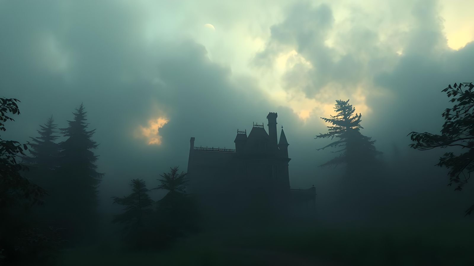 Eerie Haunted House in Fog, Photorealistic Style