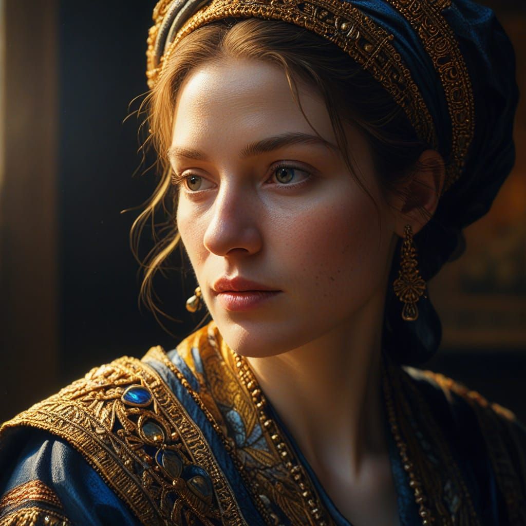 Rembrandt-Inspired Oil Painting of Woman in Gold Light