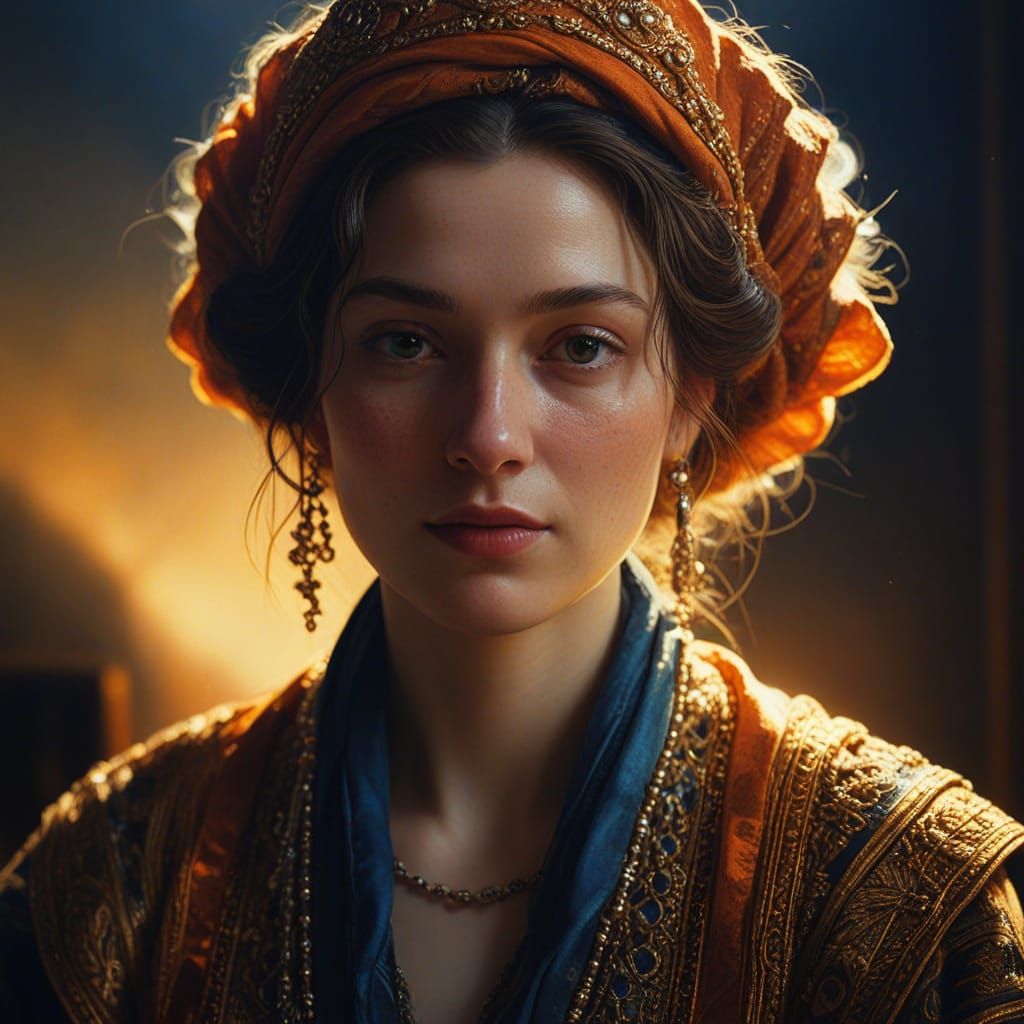 Woman in Ornate Clothing: Rembrandt-Inspired Oil Painting
