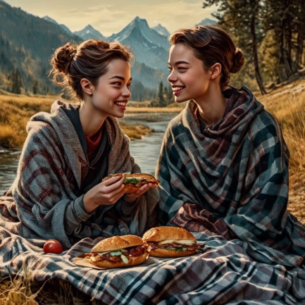 Riverside Picnic with Friends in Photorealistic Style