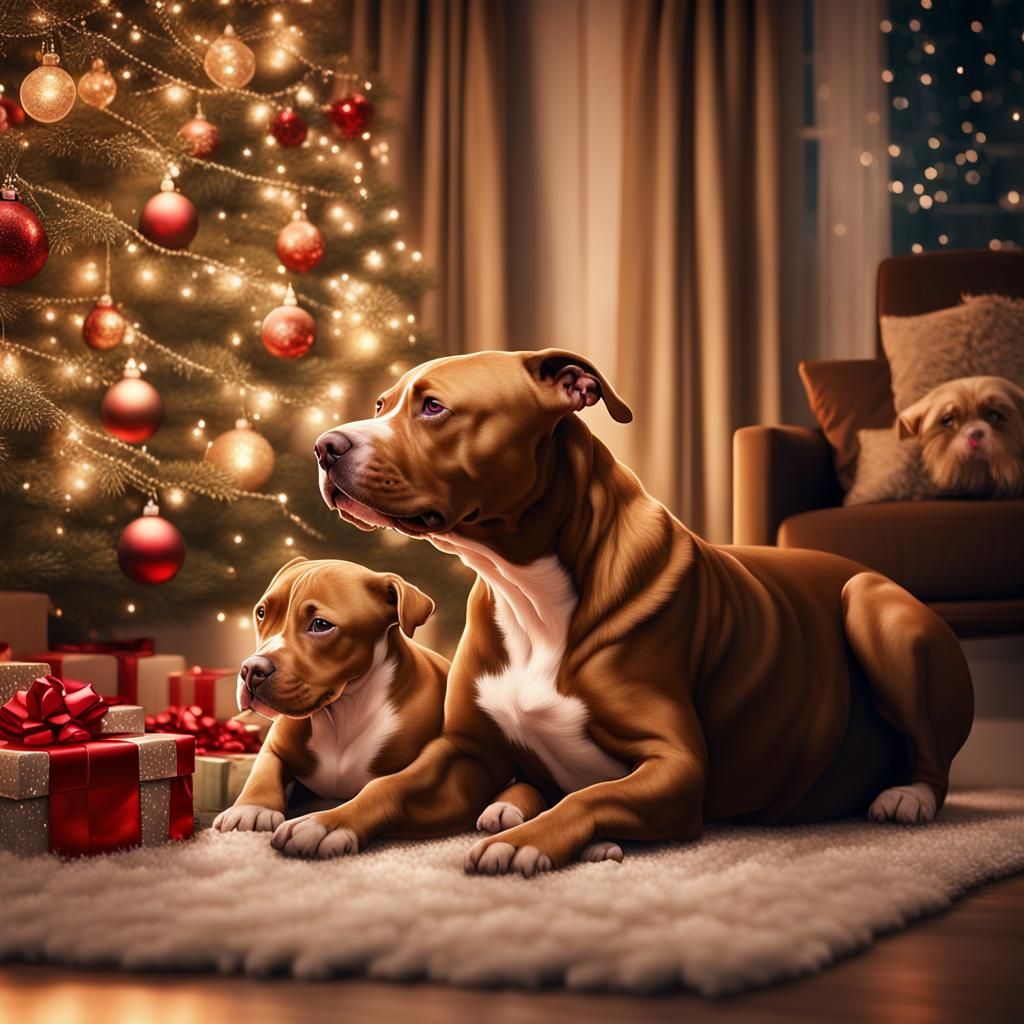 Pitbull Dog and Puppy Play by Christmas Tree