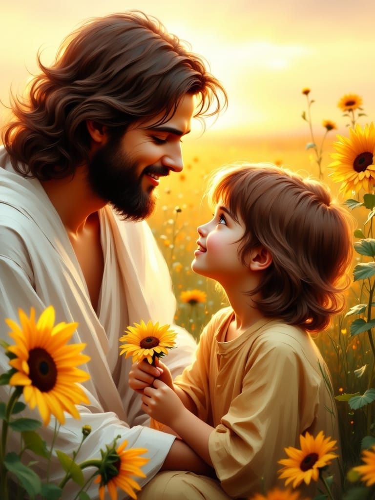 Jesus and Child in Sunflower Field, Watercolor Style