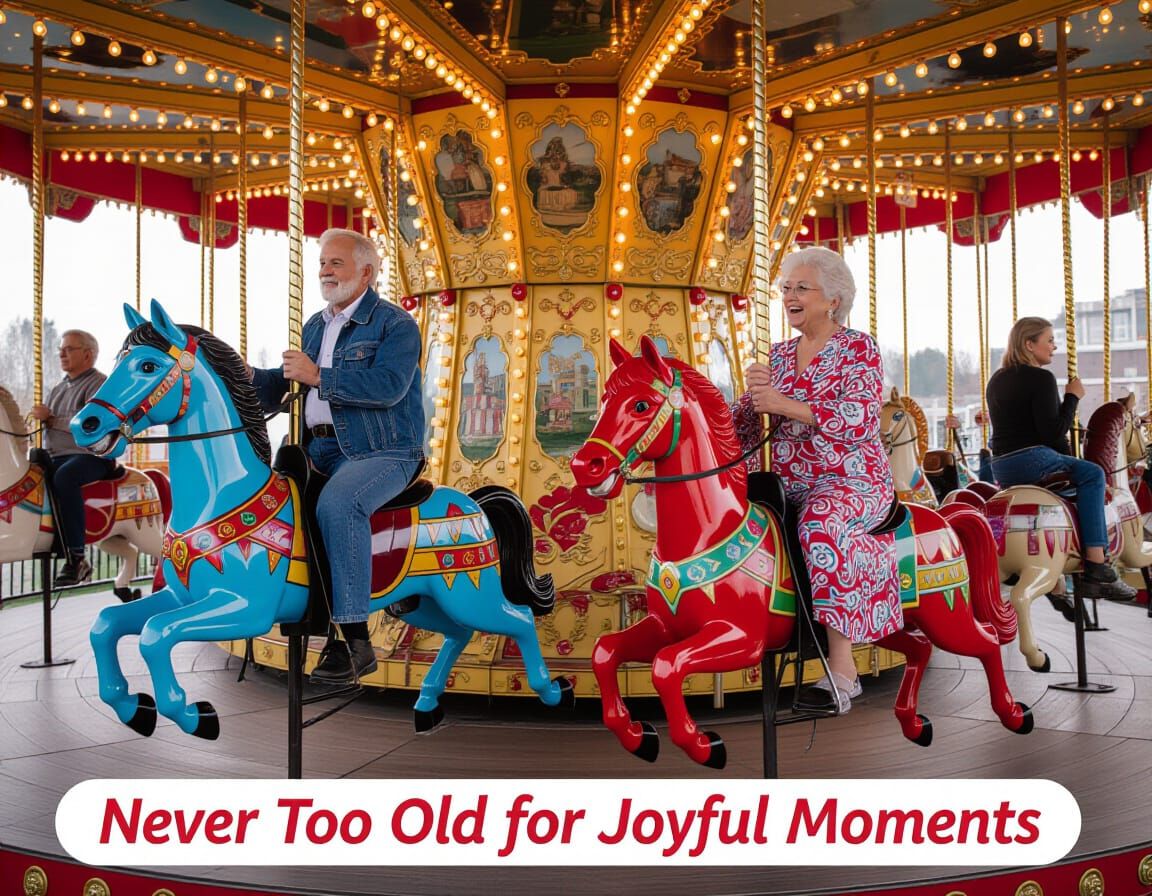 Elderly Couple's Joyful Carousel Ride in Storybook Style