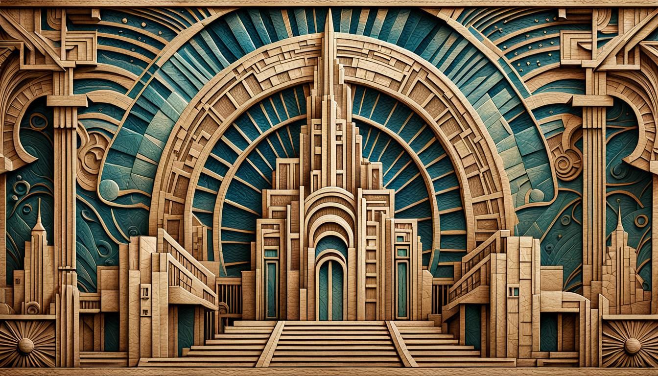 Embossed Art Deco Architecture in Vintage Wooden Style
