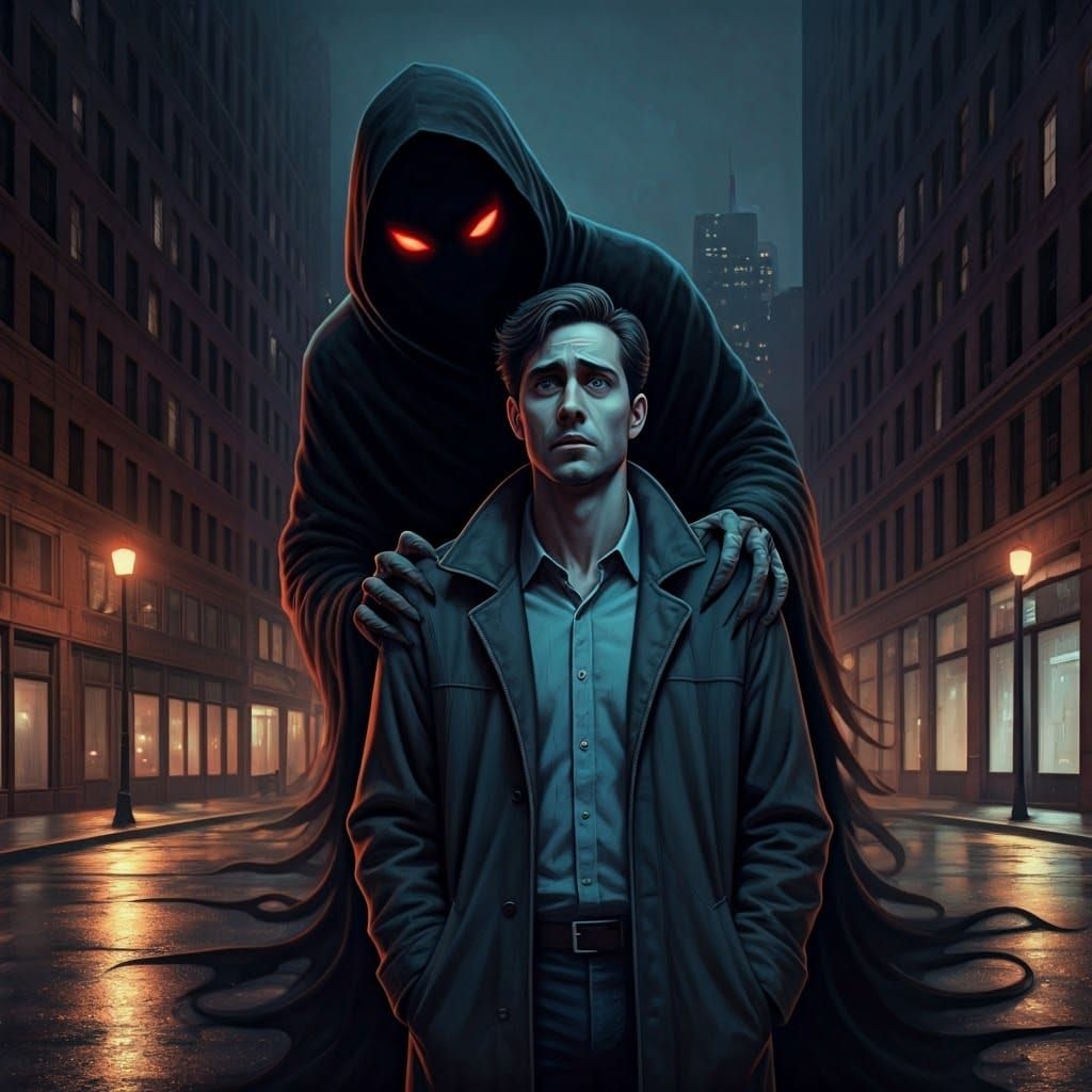 Cityscape Fear: Shadow Figure in Dark Noir Style