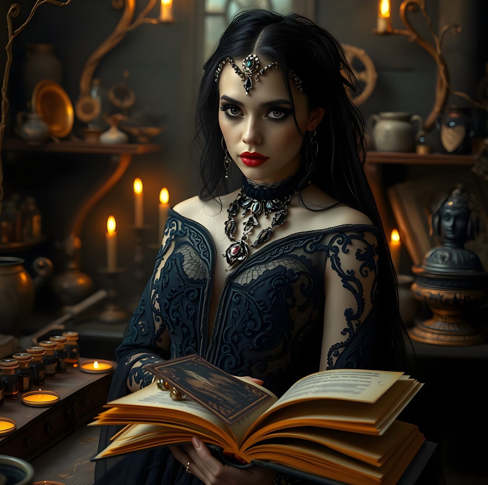 Gothic Witch in Mystical Workshop