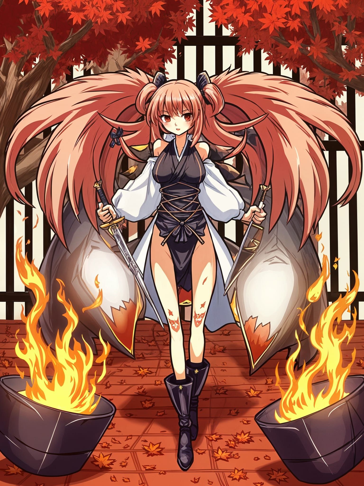 Anime Princess Sword Fight in Autumn Garden