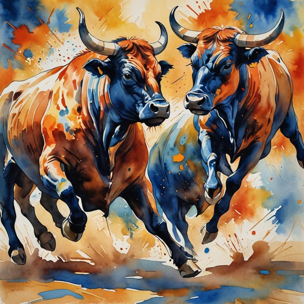 Muscular Bulls Clash in Fauvist Watercolor Arena