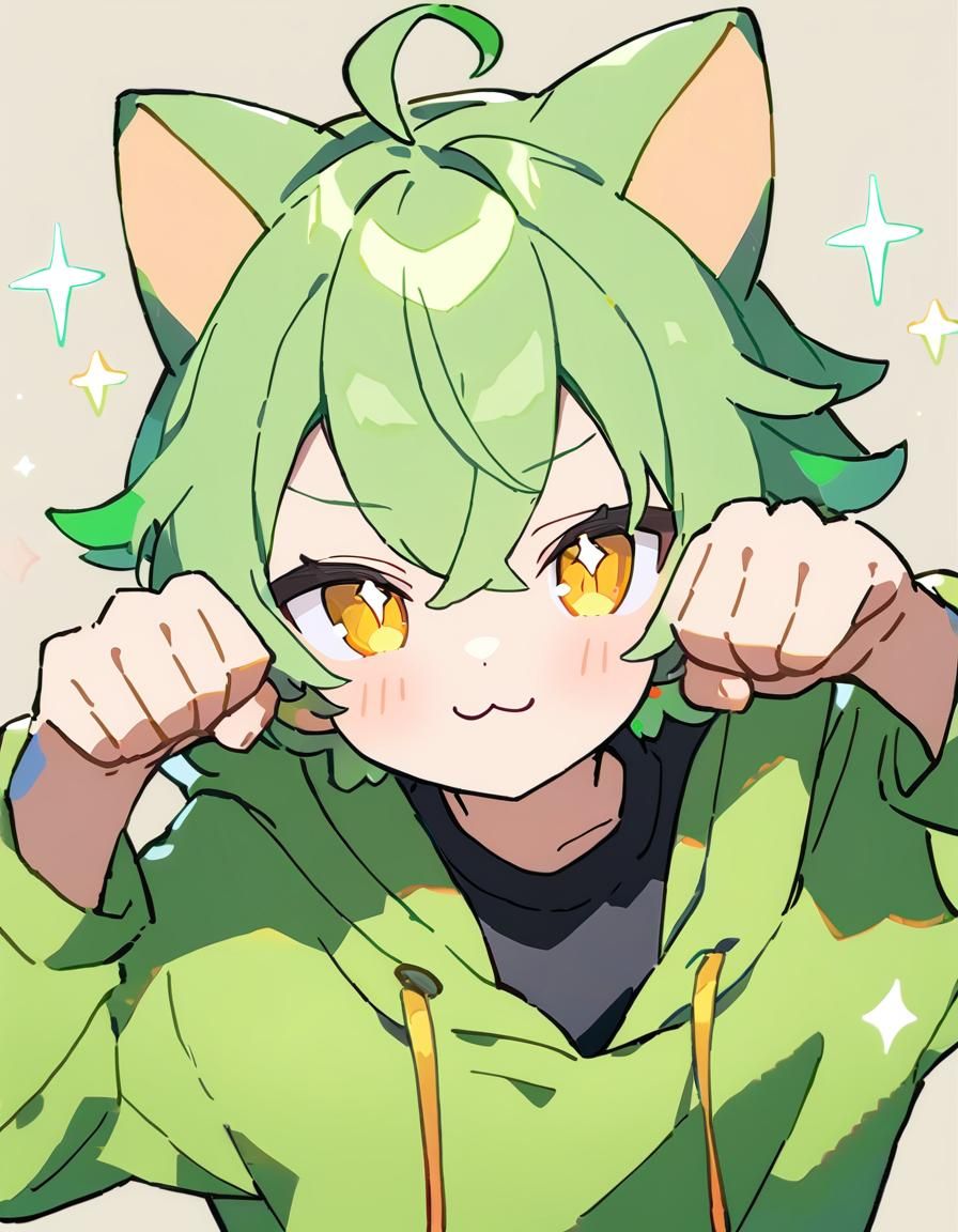 Cute Green-Haired Catboy with Sparkles in Cel Shading