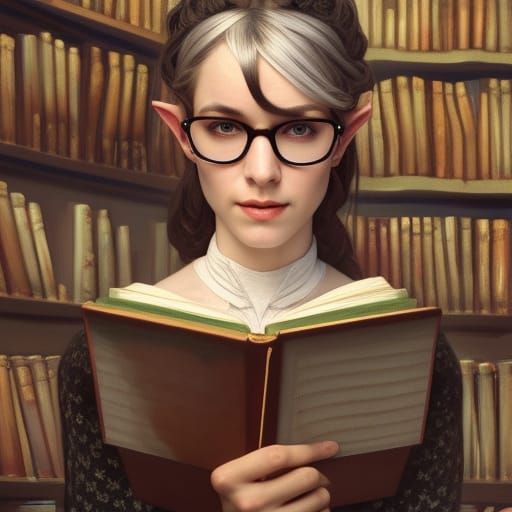 Elven Librarian in Magical Library, Detailed Digital Art