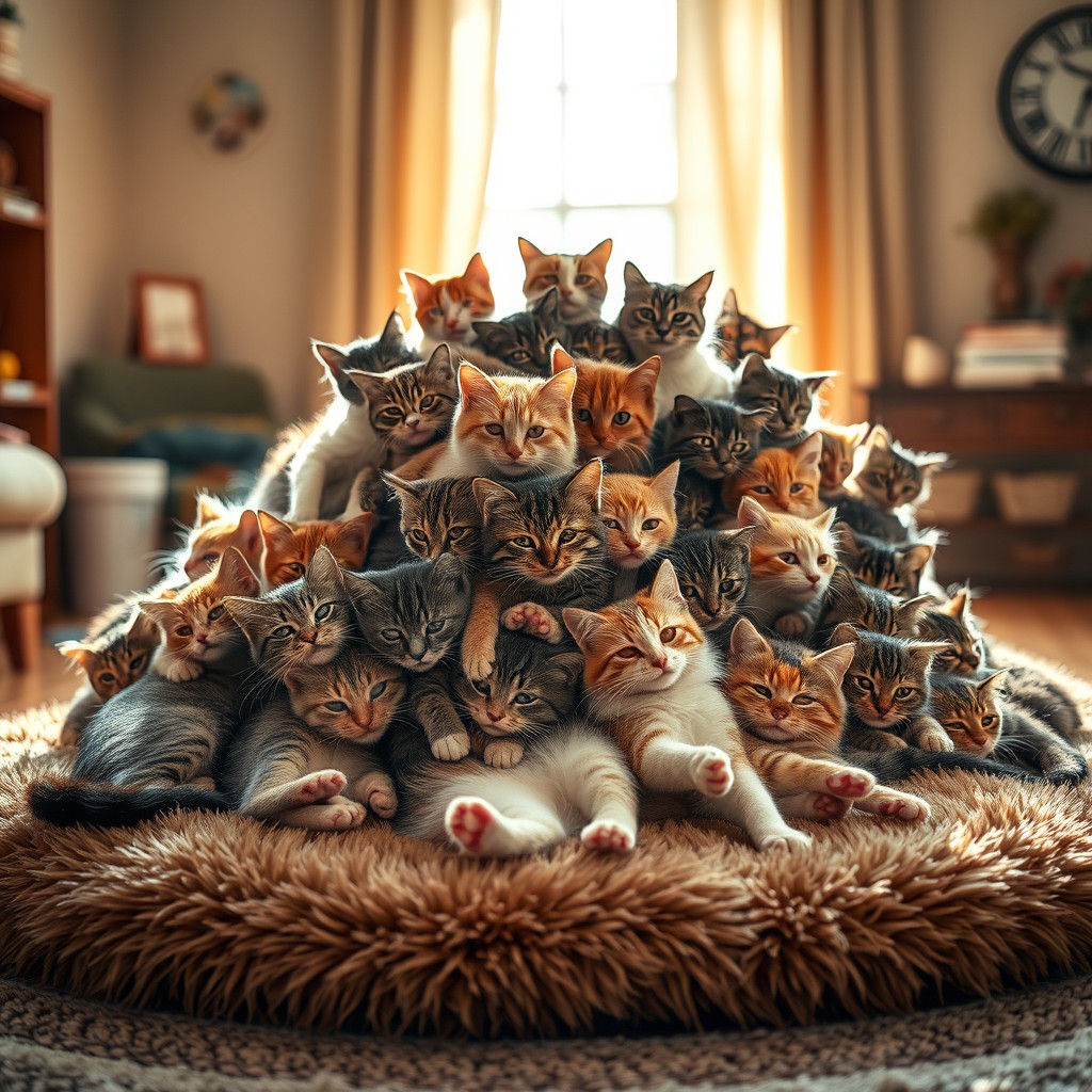 Twenty Cuddly Cats Piled High on Plush Rug in Sunlit Room