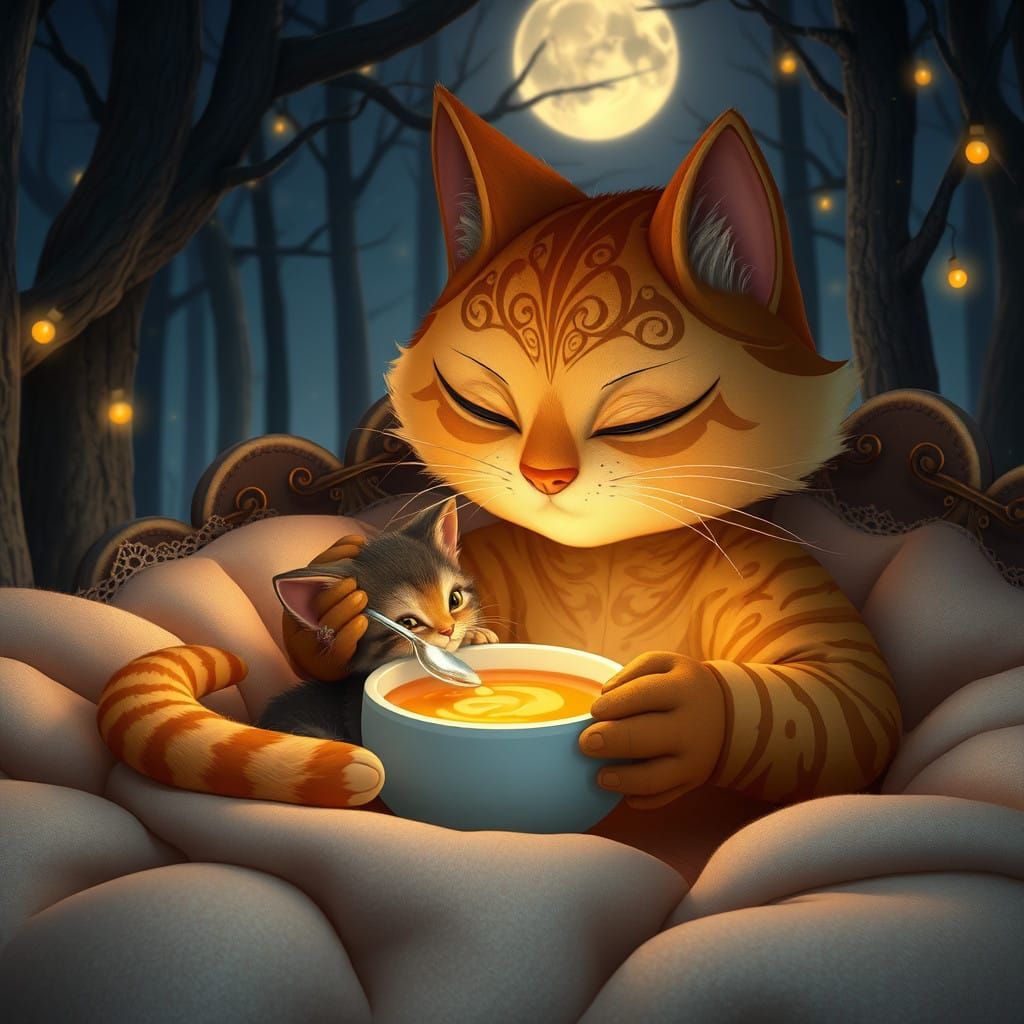 Whimsical Momma Cat Tends to Sick Kitten in Enchanted Forest...