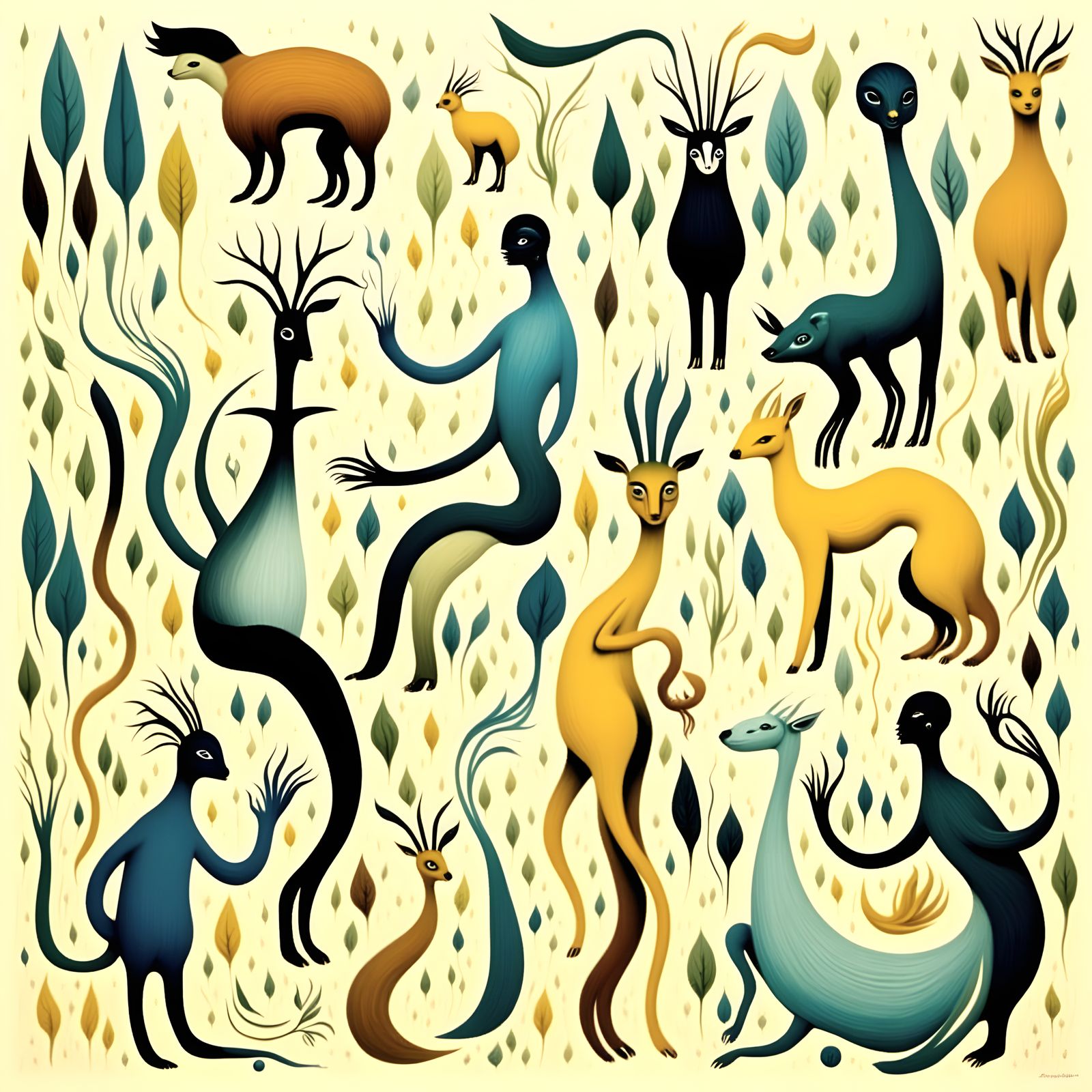 Abstract Whimsical Watercolor Scene with Interconnected Figu...