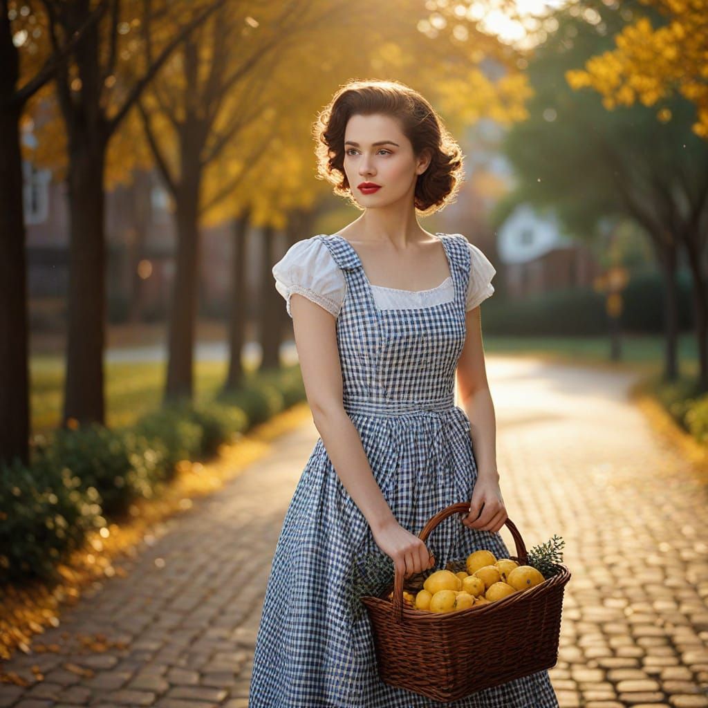 Elegant Young Woman Strolls Down a Yellow Brick Road