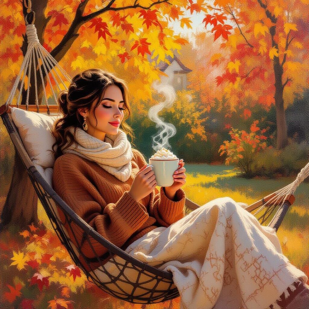 Woman Enjoying Hot Chocolate in Fall Backyard