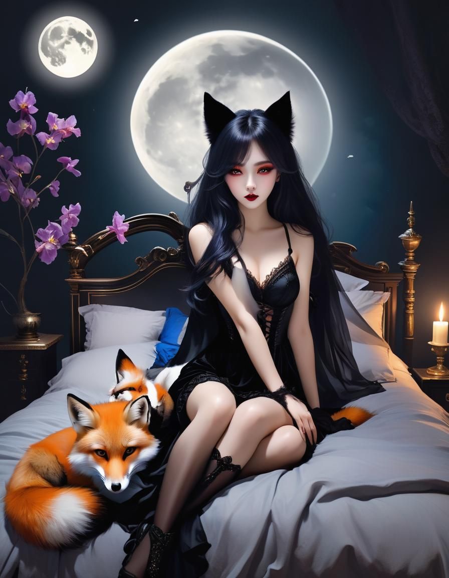 Gothic Woman with Fox in Moonlit Bedroom